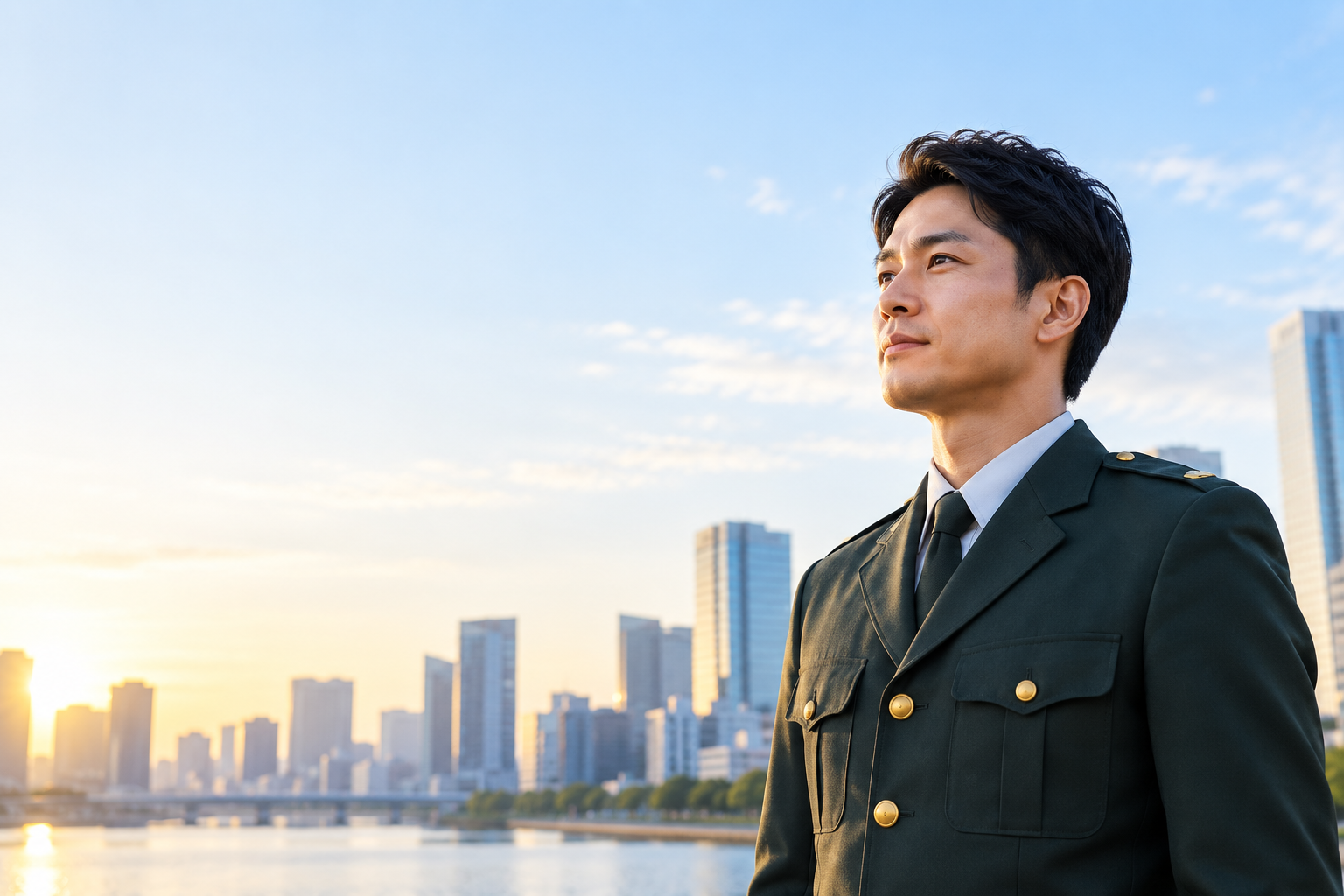 街を背景に将来を見据える自衛官のイメージ