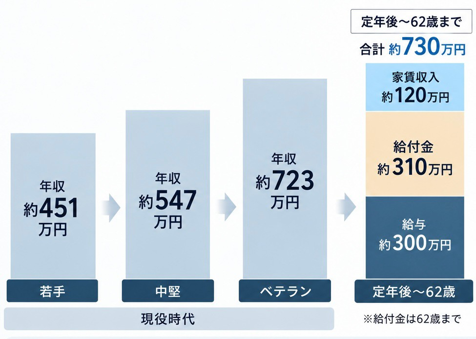 若手から定年後62歳までの収入イメージ。定年後は給与約300万円、給付金約310万円、家賃収入約120万円で合計約730万円。